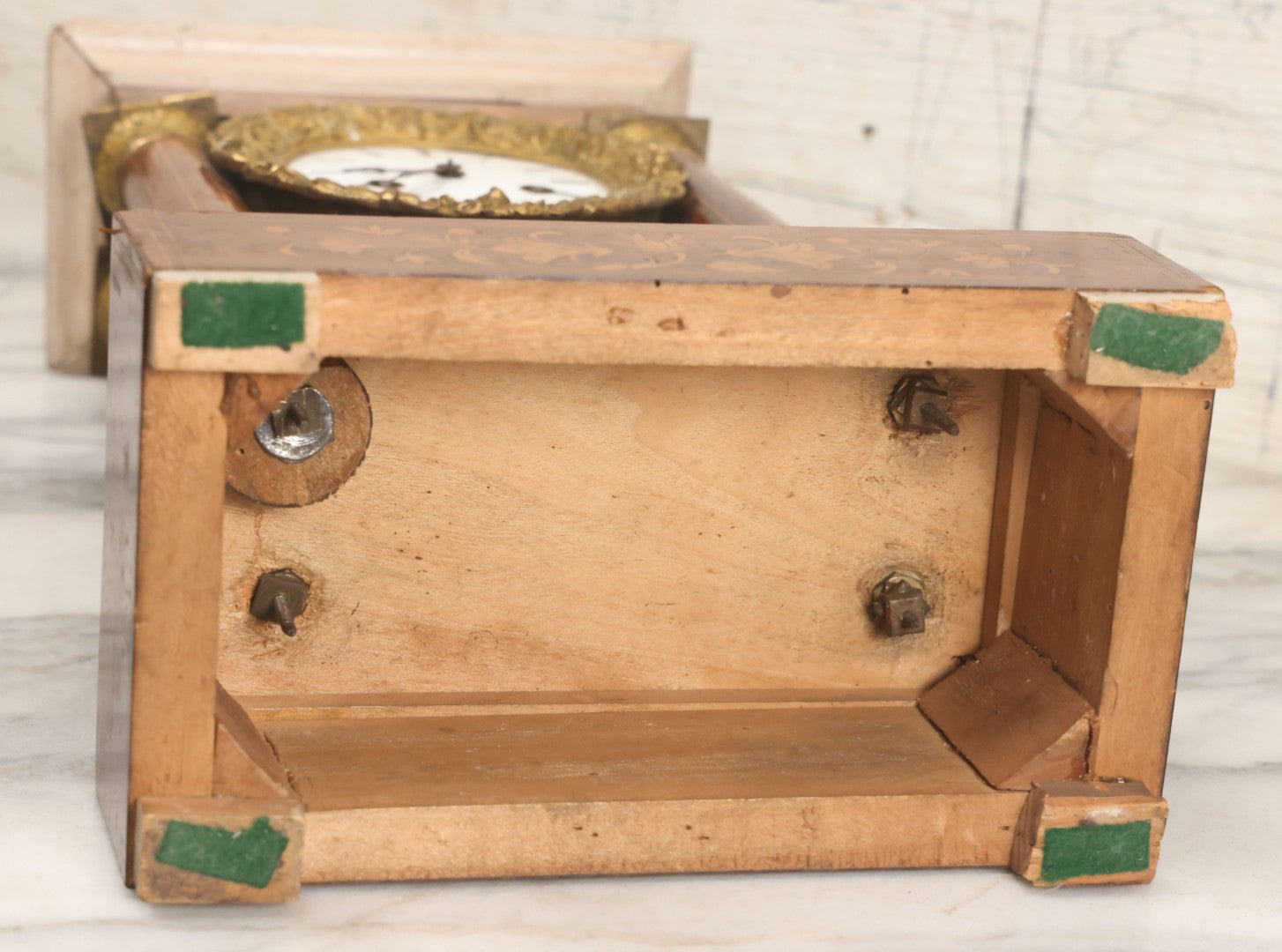 Lot 021 - Antique Inlaid Wood Cased Time And Strike Clock With Brass Adornments, Crane Decorations, Woman's Head On Pendulum, With "Brocot Brevete" Marked Movement, Porcelain Dial, Untested, As-Is, 16-1/2" Height