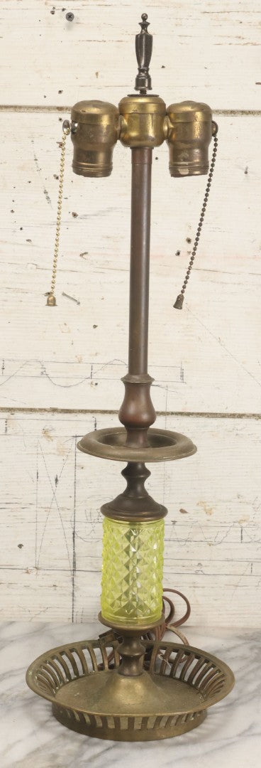 Lot 022 - Antique Electric Brass Lamp With Uranium Glass Diamond Hobnail Decoration, Glows Under Blacklight, Working Condition, No Shade, 22-1/2" Height