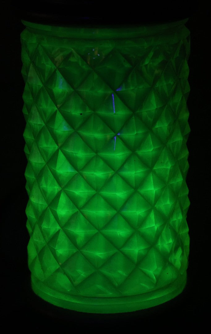 Lot 022 - Antique Electric Brass Lamp With Uranium Glass Diamond Hobnail Decoration, Glows Under Blacklight, Working Condition, No Shade, 22-1/2" Height