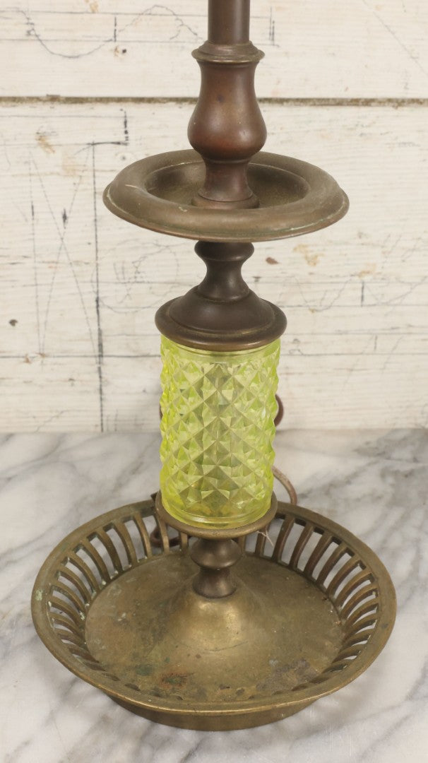 Lot 022 - Antique Electric Brass Lamp With Uranium Glass Diamond Hobnail Decoration, Glows Under Blacklight, Working Condition, No Shade, 22-1/2" Height