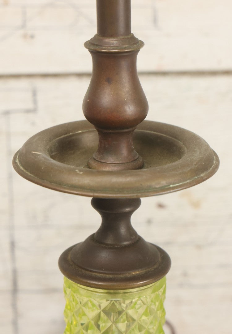 Lot 022 - Antique Electric Brass Lamp With Uranium Glass Diamond Hobnail Decoration, Glows Under Blacklight, Working Condition, No Shade, 22-1/2" Height