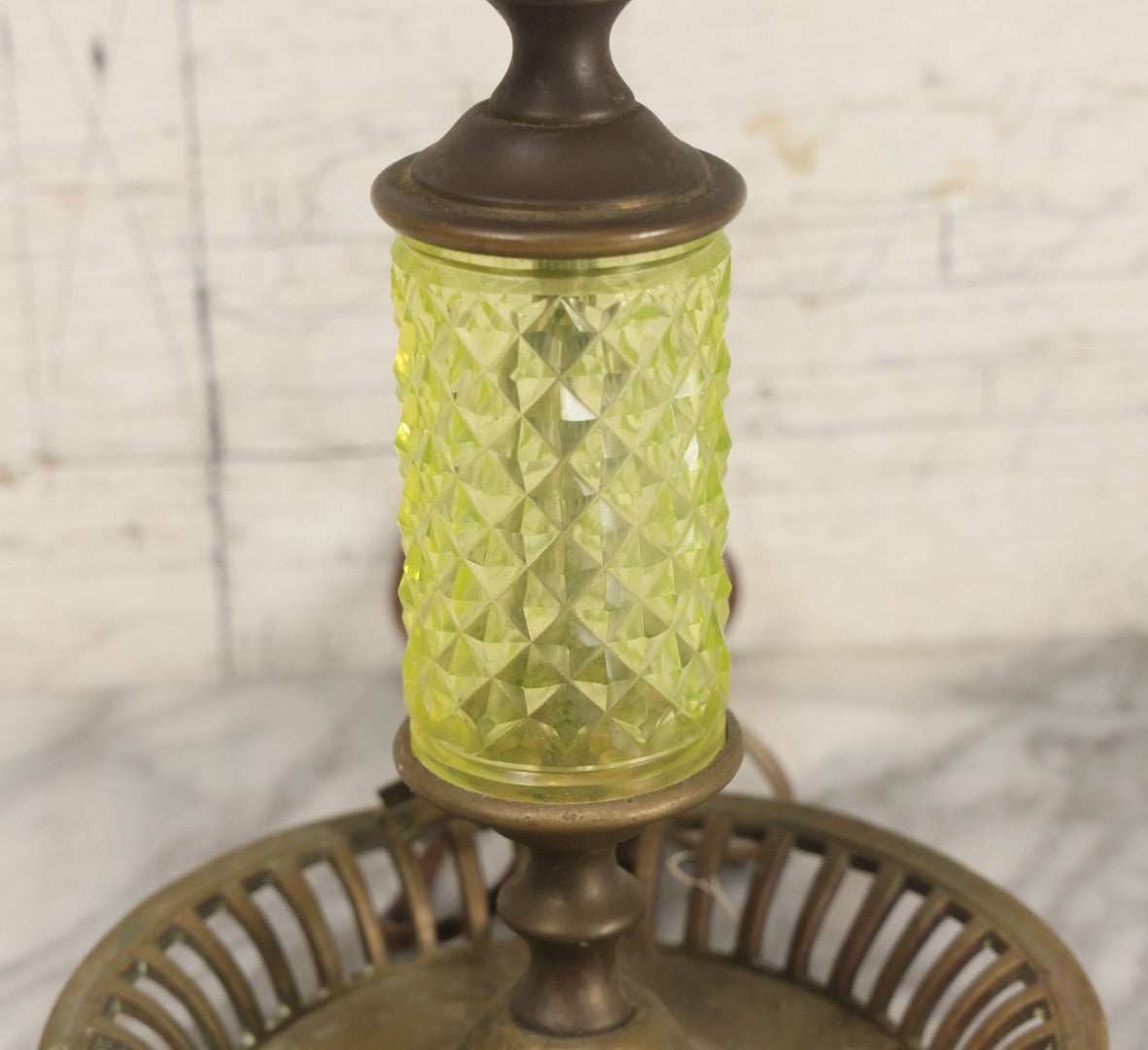 Lot 022 - Antique Electric Brass Lamp With Uranium Glass Diamond Hobnail Decoration, Glows Under Blacklight, Working Condition, No Shade, 22-1/2" Height