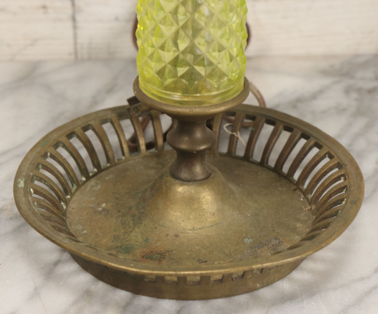 Lot 022 - Antique Electric Brass Lamp With Uranium Glass Diamond Hobnail Decoration, Glows Under Blacklight, Working Condition, No Shade, 22-1/2" Height