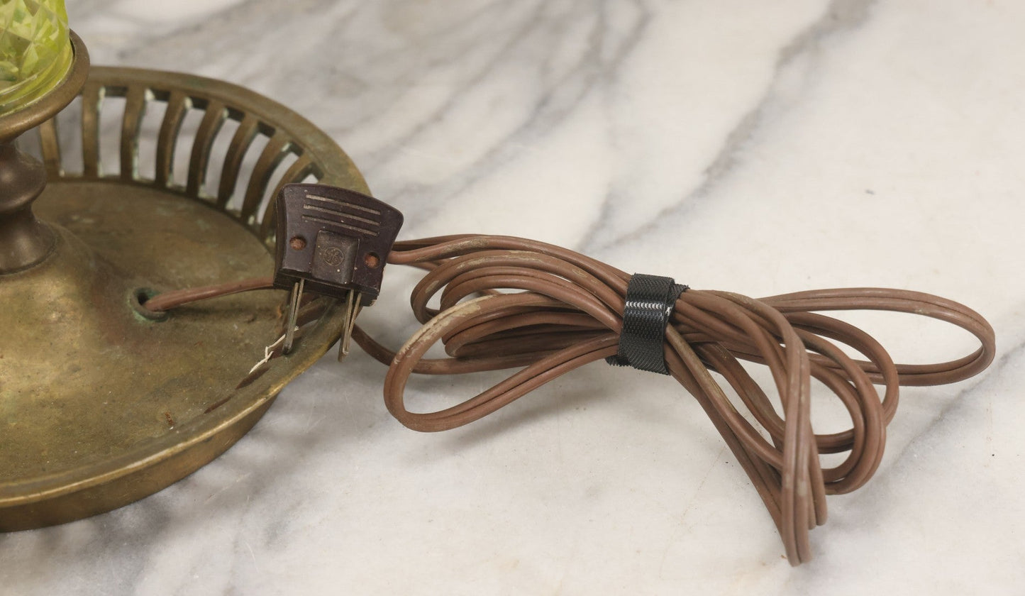 Lot 022 - Antique Electric Brass Lamp With Uranium Glass Diamond Hobnail Decoration, Glows Under Blacklight, Working Condition, No Shade, 22-1/2" Height