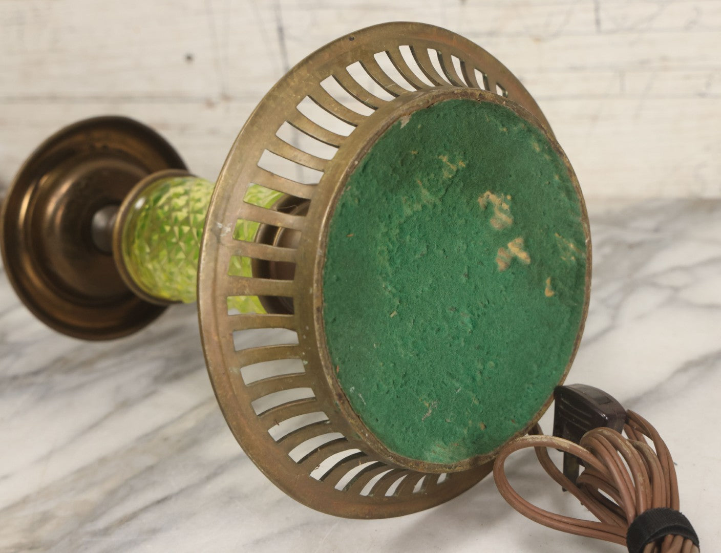 Lot 022 - Antique Electric Brass Lamp With Uranium Glass Diamond Hobnail Decoration, Glows Under Blacklight, Working Condition, No Shade, 22-1/2" Height