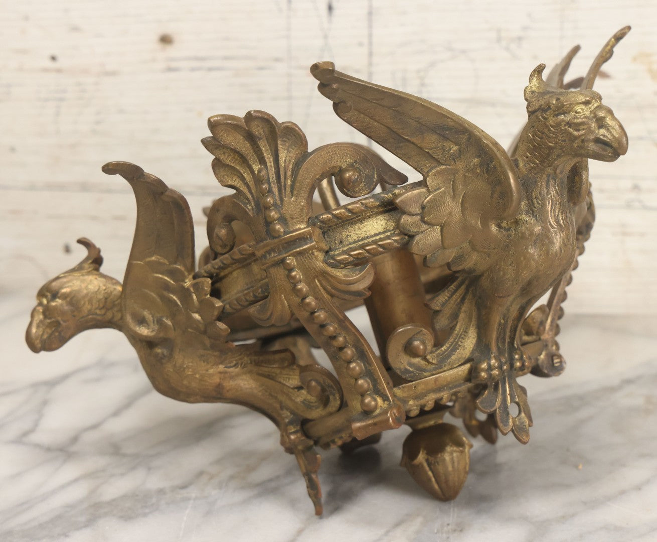 Lot 025 - Antique Cast Brass Ceiling Canopy Light Hanging Fixture With Three Figural Griffins, Fleur-De-Lis Decorations, 10" Diameter x 6" Height
