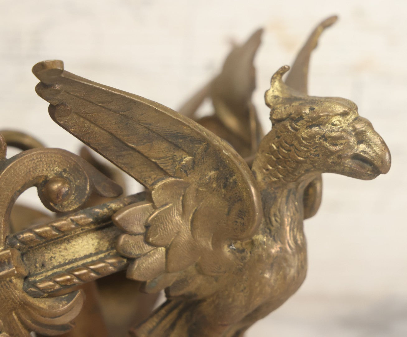 Lot 025 - Antique Cast Brass Ceiling Canopy Light Hanging Fixture With Three Figural Griffins, Fleur-De-Lis Decorations, 10" Diameter x 6" Height