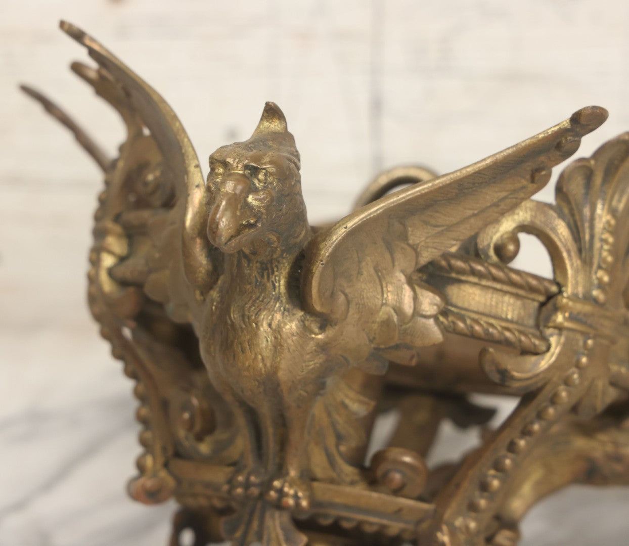Lot 025 - Antique Cast Brass Ceiling Canopy Light Hanging Fixture With Three Figural Griffins, Fleur-De-Lis Decorations, 10" Diameter x 6" Height