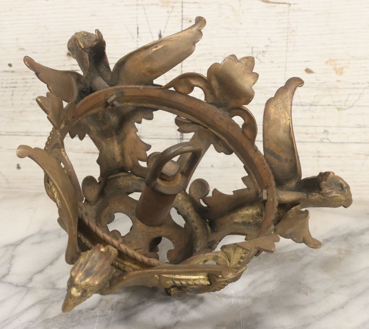 Lot 025 - Antique Cast Brass Ceiling Canopy Light Hanging Fixture With Three Figural Griffins, Fleur-De-Lis Decorations, 10" Diameter x 6" Height