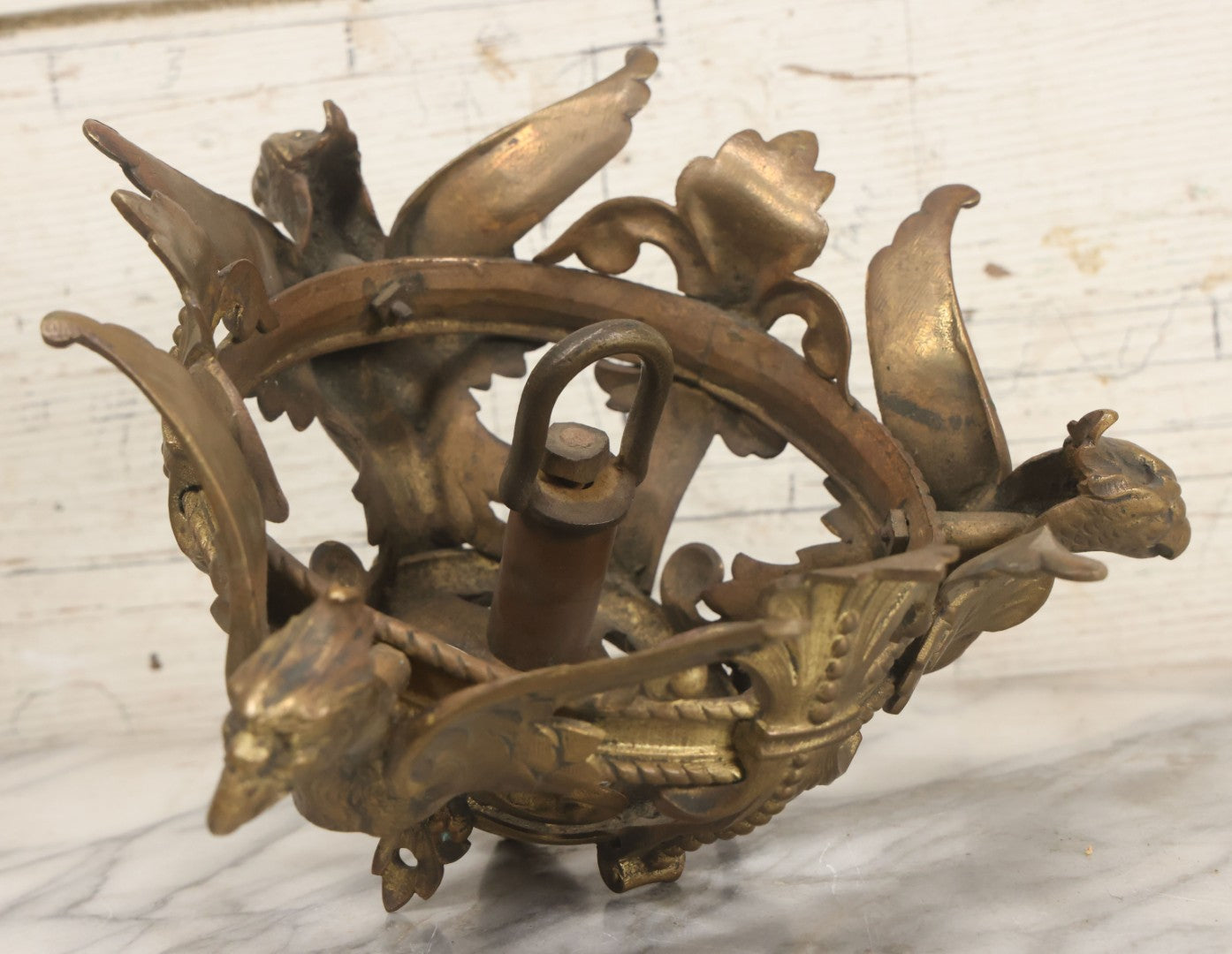 Lot 025 - Antique Cast Brass Ceiling Canopy Light Hanging Fixture With Three Figural Griffins, Fleur-De-Lis Decorations, 10" Diameter x 6" Height