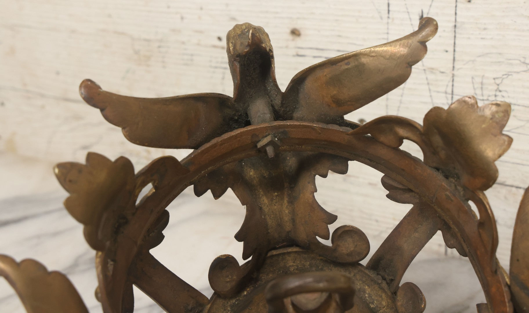 Lot 025 - Antique Cast Brass Ceiling Canopy Light Hanging Fixture With Three Figural Griffins, Fleur-De-Lis Decorations, 10" Diameter x 6" Height