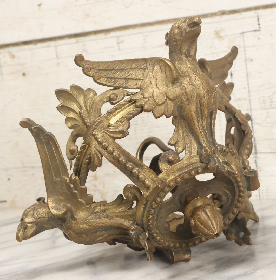 Lot 025 - Antique Cast Brass Ceiling Canopy Light Hanging Fixture With Three Figural Griffins, Fleur-De-Lis Decorations, 10" Diameter x 6" Height