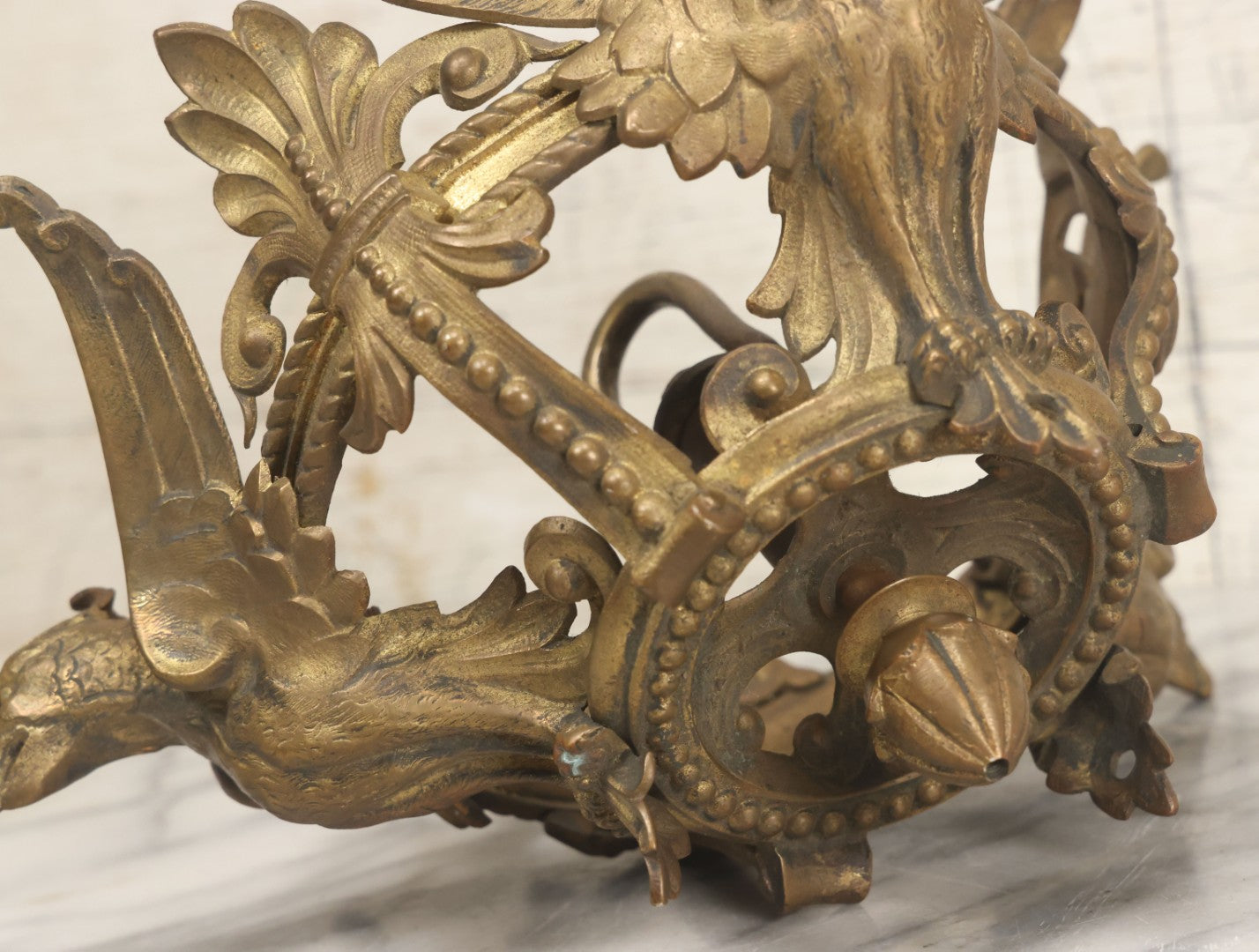 Lot 025 - Antique Cast Brass Ceiling Canopy Light Hanging Fixture With Three Figural Griffins, Fleur-De-Lis Decorations, 10" Diameter x 6" Height