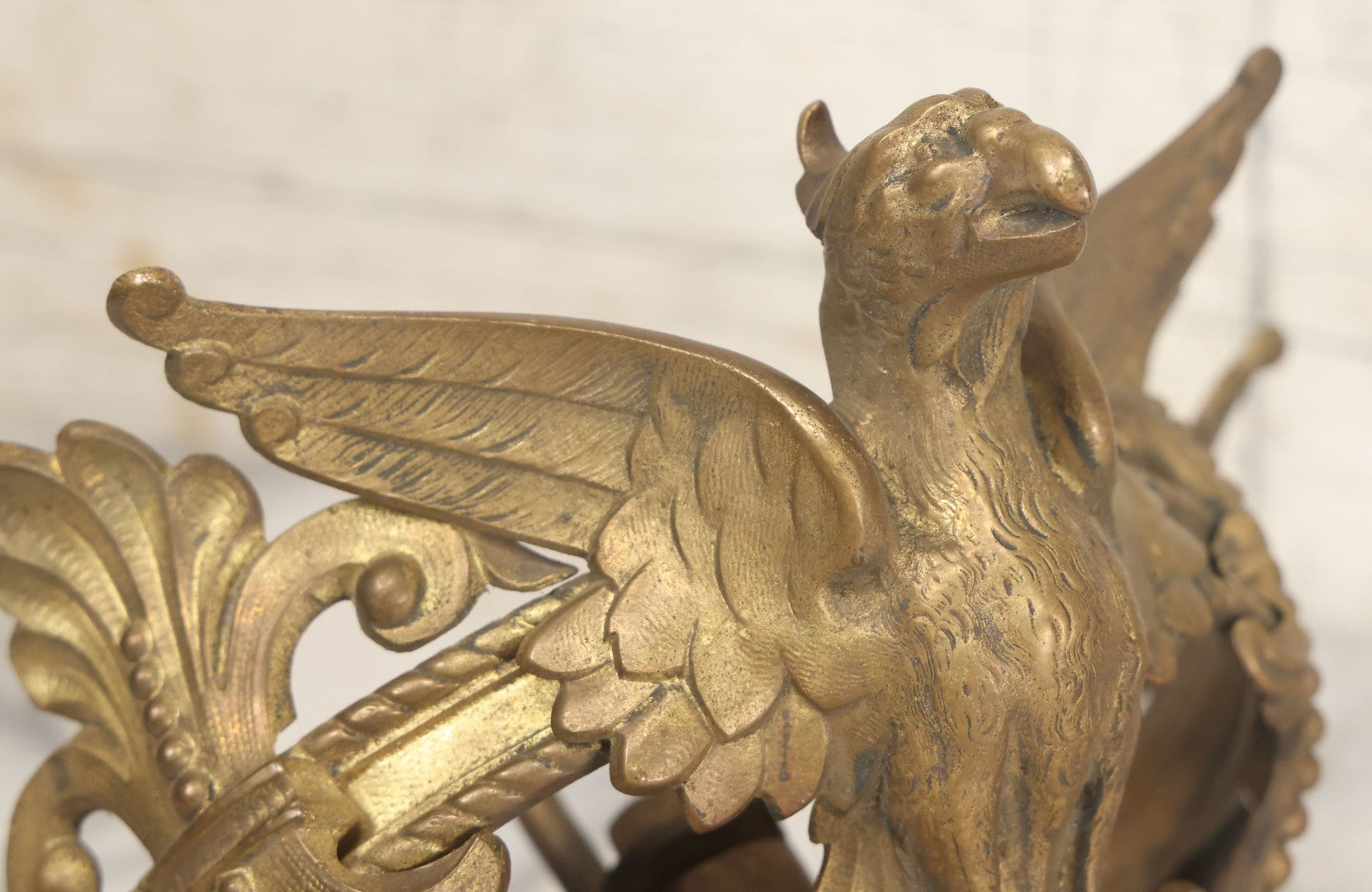 Lot 025 - Antique Cast Brass Ceiling Canopy Light Hanging Fixture With Three Figural Griffins, Fleur-De-Lis Decorations, 10" Diameter x 6" Height