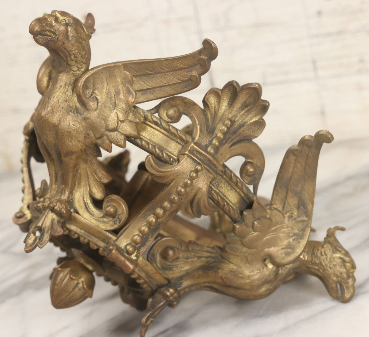 Lot 025 - Antique Cast Brass Ceiling Canopy Light Hanging Fixture With Three Figural Griffins, Fleur-De-Lis Decorations, 10" Diameter x 6" Height