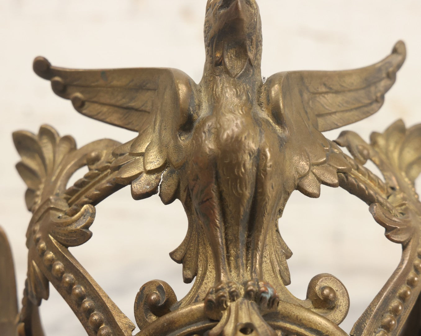 Lot 025 - Antique Cast Brass Ceiling Canopy Light Hanging Fixture With Three Figural Griffins, Fleur-De-Lis Decorations, 10" Diameter x 6" Height