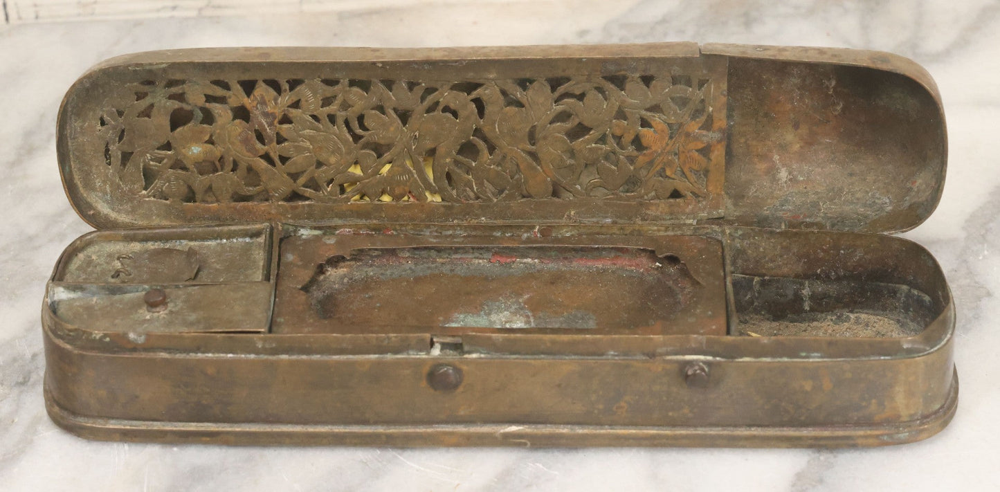 Lot 028 - Antique Persian Brass Qalamdan Ink And Pen Box With Compartments, Decorative Interior Lid, With Sanskrit Inscription, As Found