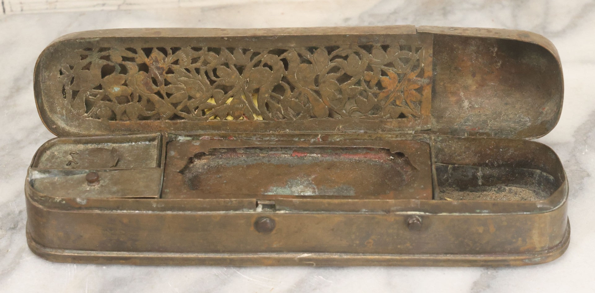 Lot 028 - Antique Persian Brass Qalamdan Ink And Pen Box With Compartments, Decorative Interior Lid, With Sanskrit Inscription, As Found