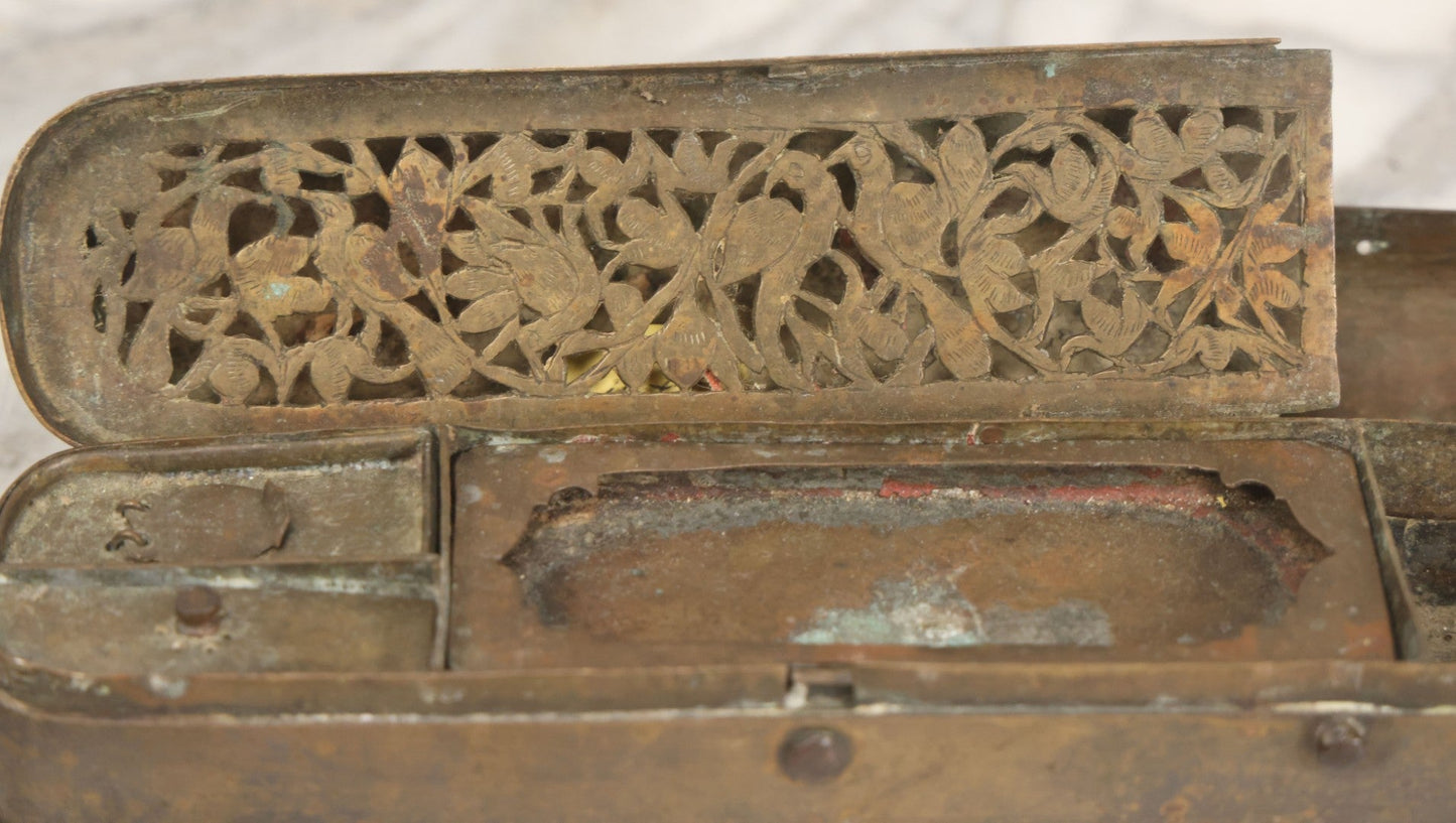 Lot 028 - Antique Persian Brass Qalamdan Ink And Pen Box With Compartments, Decorative Interior Lid, With Sanskrit Inscription, As Found