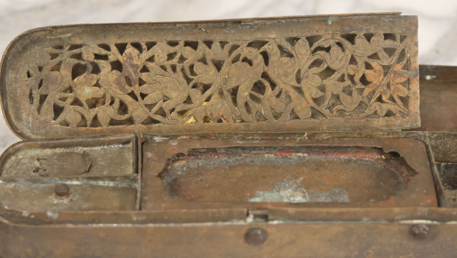Lot 028 - Antique Persian Brass Qalamdan Ink And Pen Box With Compartments, Decorative Interior Lid, With Sanskrit Inscription, As Found