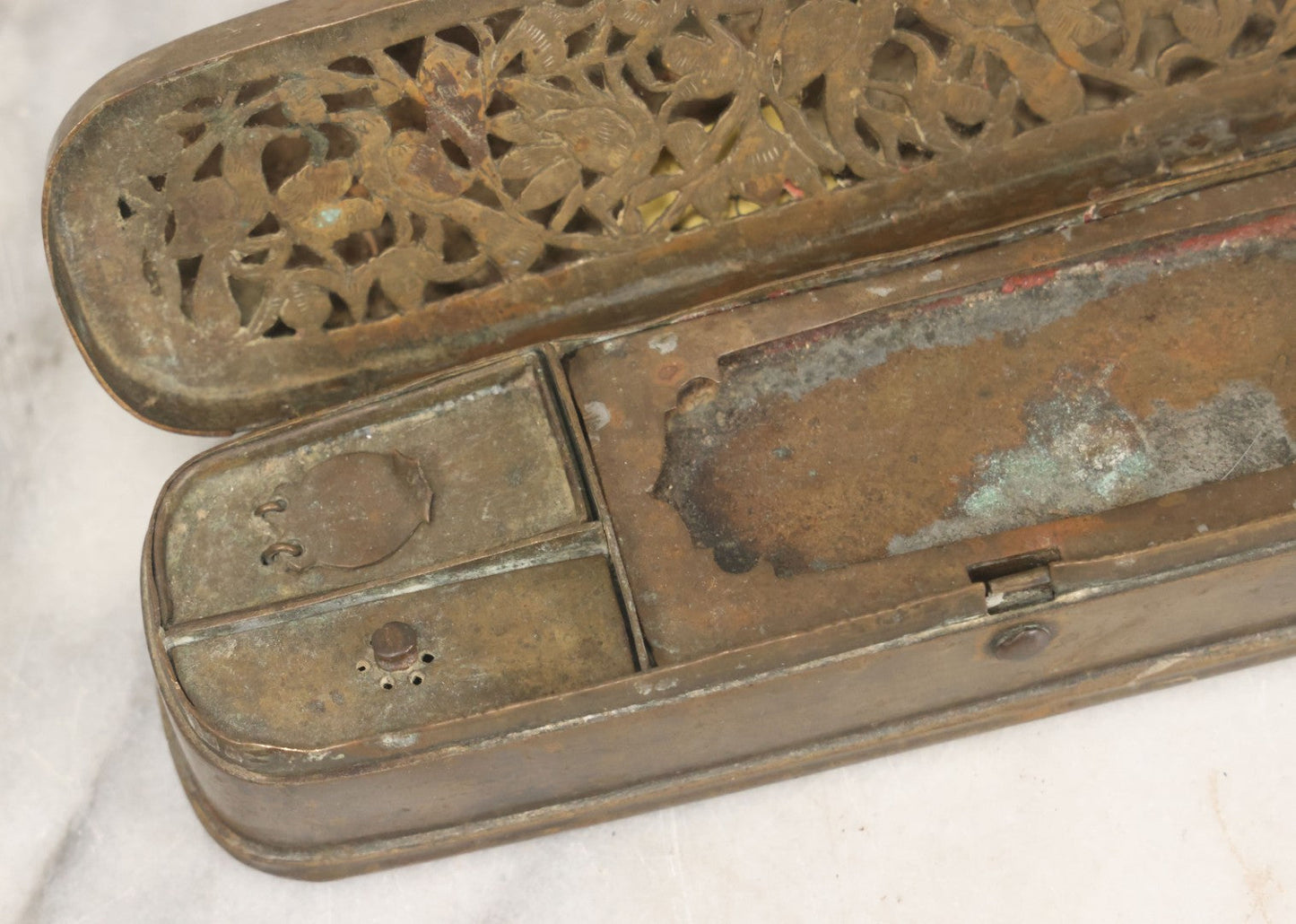 Lot 028 - Antique Persian Brass Qalamdan Ink And Pen Box With Compartments, Decorative Interior Lid, With Sanskrit Inscription, As Found