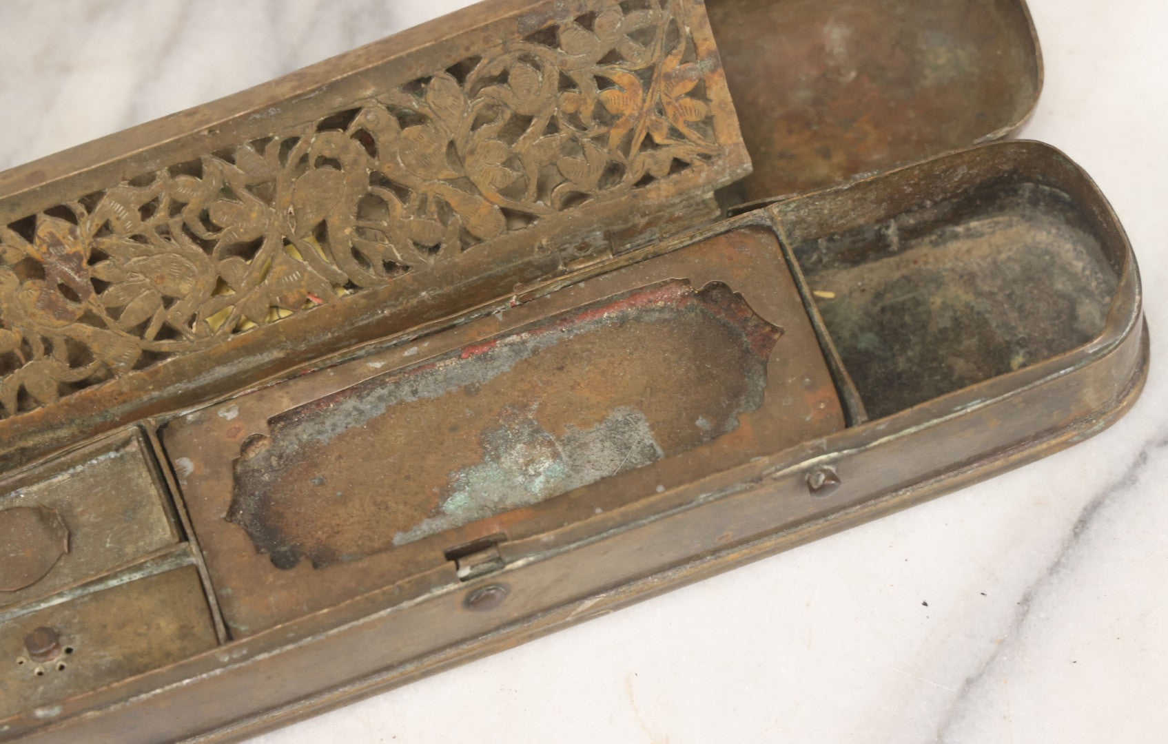 Lot 028 - Antique Persian Brass Qalamdan Ink And Pen Box With Compartments, Decorative Interior Lid, With Sanskrit Inscription, As Found