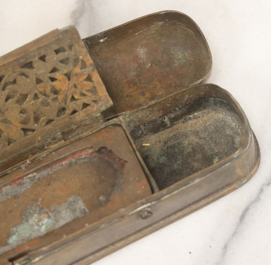 Lot 028 - Antique Persian Brass Qalamdan Ink And Pen Box With Compartments, Decorative Interior Lid, With Sanskrit Inscription, As Found