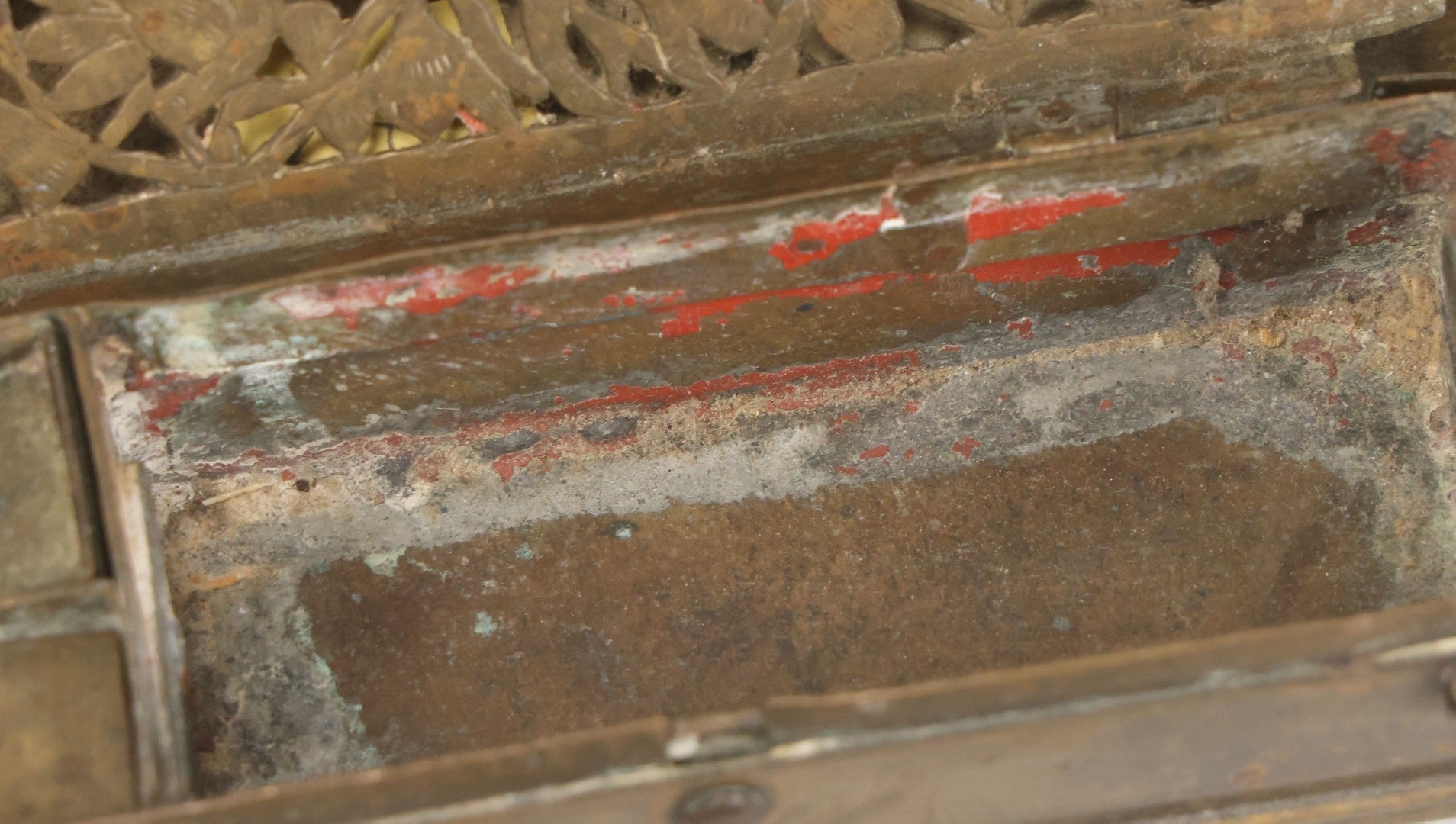 Lot 028 - Antique Persian Brass Qalamdan Ink And Pen Box With Compartments, Decorative Interior Lid, With Sanskrit Inscription, As Found