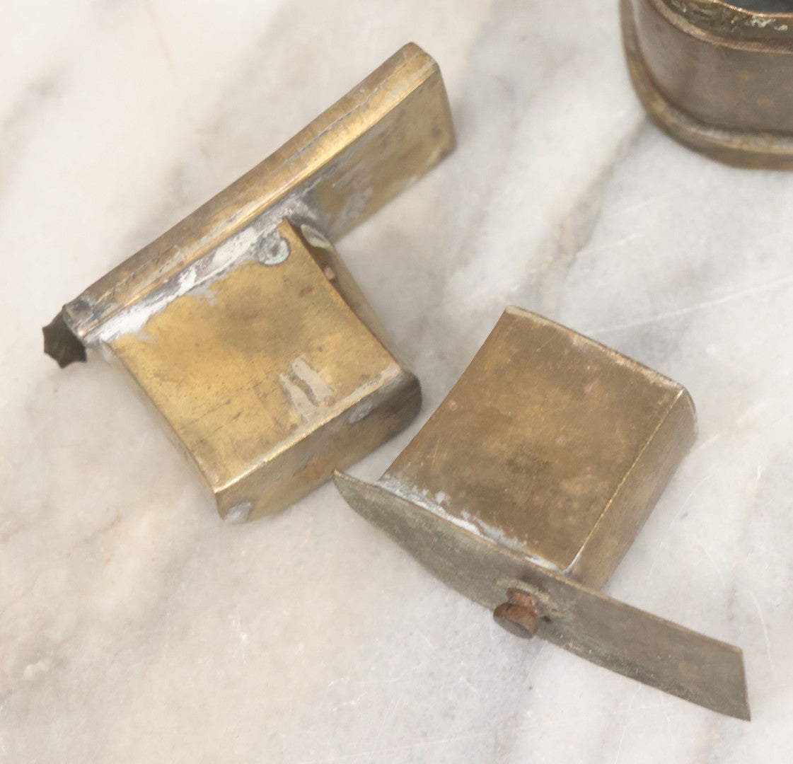 Lot 028 - Antique Persian Brass Qalamdan Ink And Pen Box With Compartments, Decorative Interior Lid, With Sanskrit Inscription, As Found