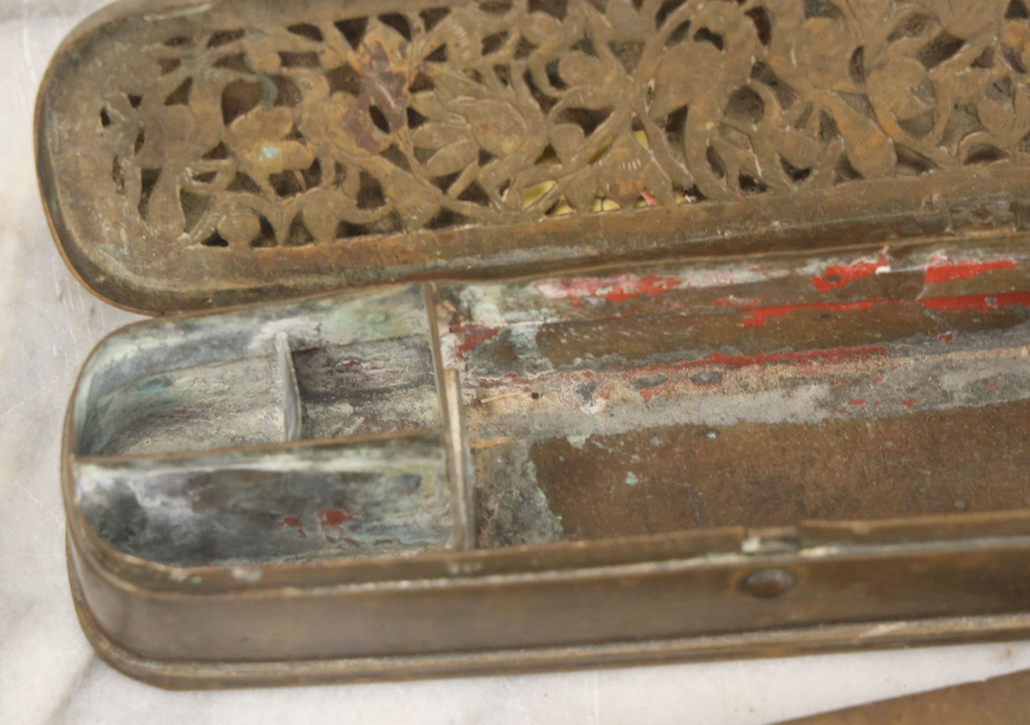 Lot 028 - Antique Persian Brass Qalamdan Ink And Pen Box With Compartments, Decorative Interior Lid, With Sanskrit Inscription, As Found