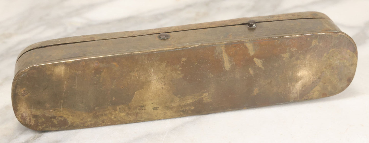 Lot 028 - Antique Persian Brass Qalamdan Ink And Pen Box With Compartments, Decorative Interior Lid, With Sanskrit Inscription, As Found