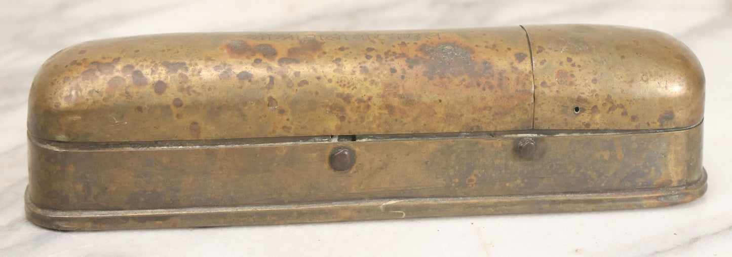 Lot 028 - Antique Persian Brass Qalamdan Ink And Pen Box With Compartments, Decorative Interior Lid, With Sanskrit Inscription, As Found