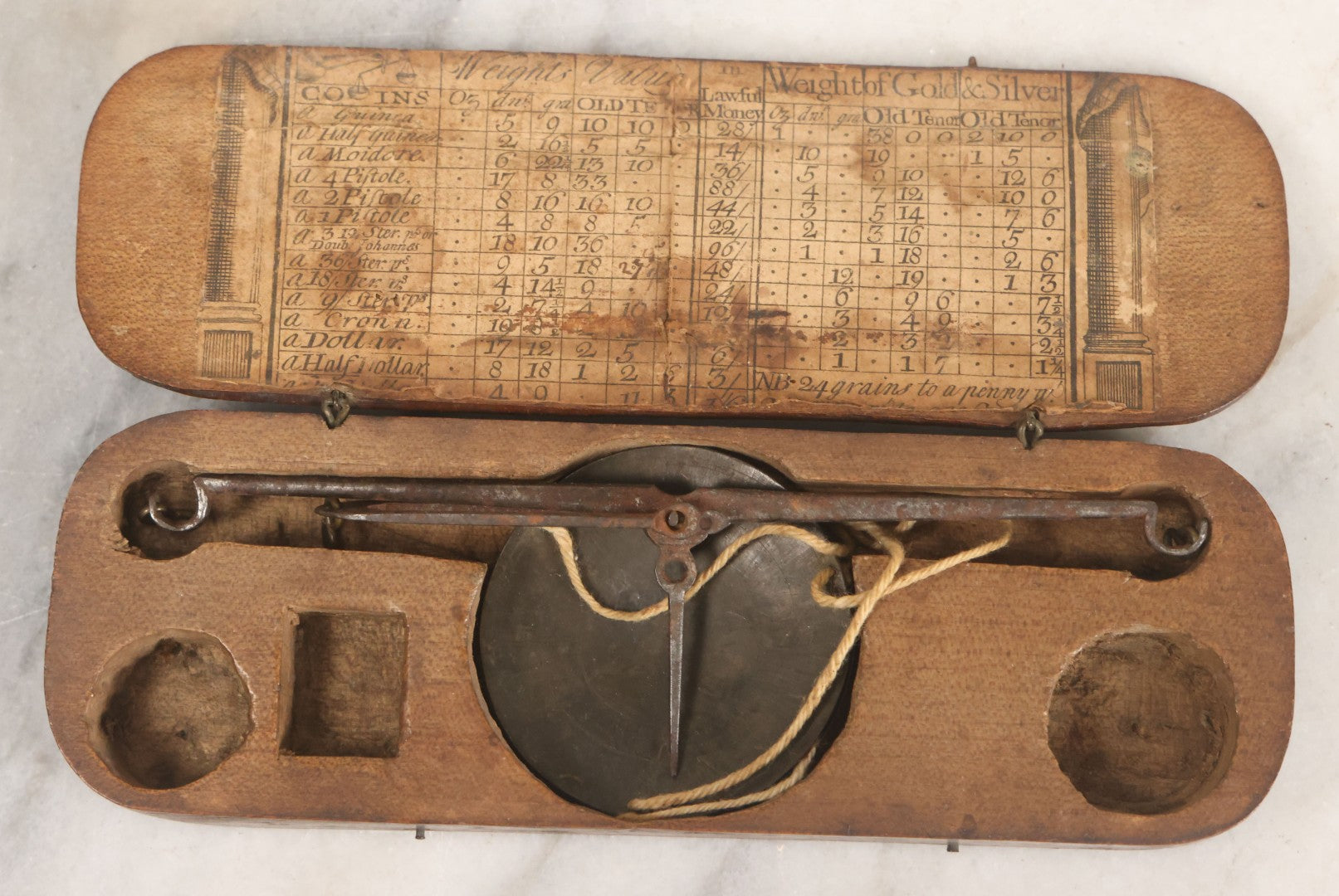 Lot 031 - Antique Gold And Silver Travel Balancing Hand Scale In Original Hand Carved Wooden Box With Paper Label Insert, Weight Tables, Missing Weights