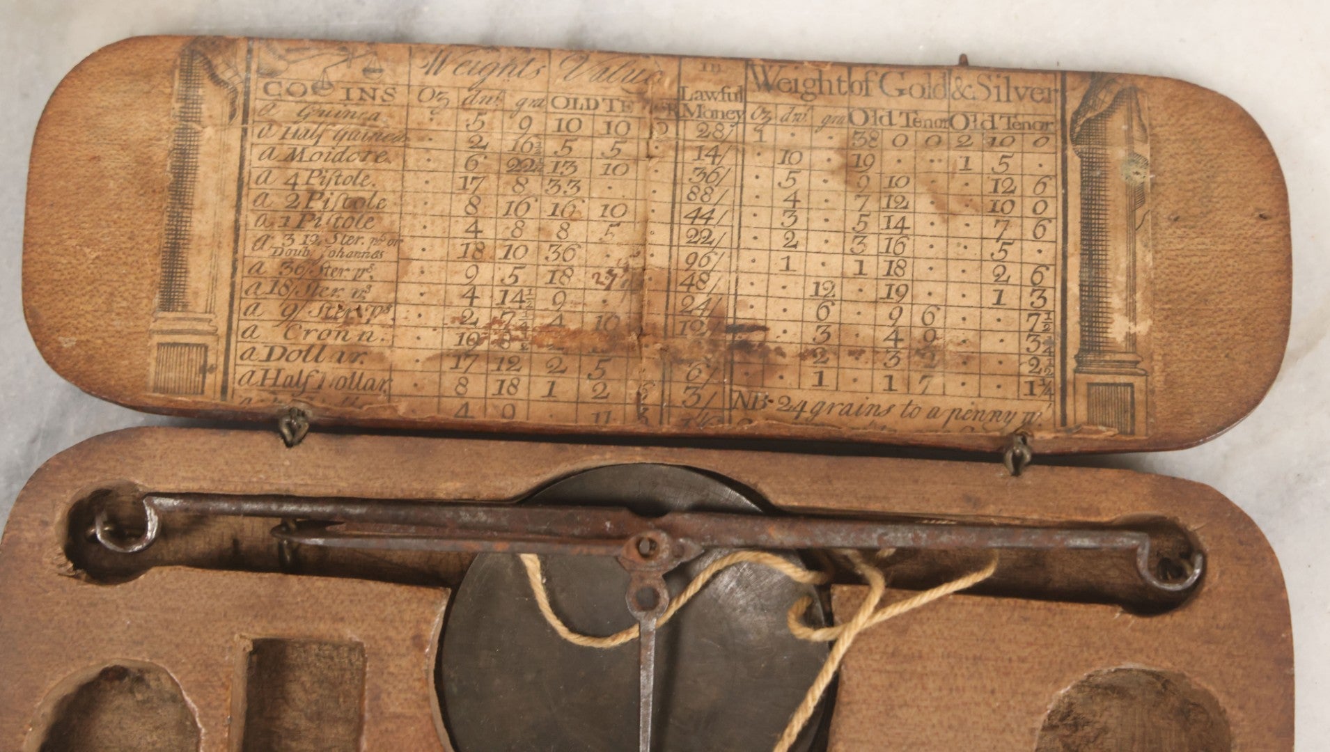 Lot 031 - Antique Gold And Silver Travel Balancing Hand Scale In Original Hand Carved Wooden Box With Paper Label Insert, Weight Tables, Missing Weights