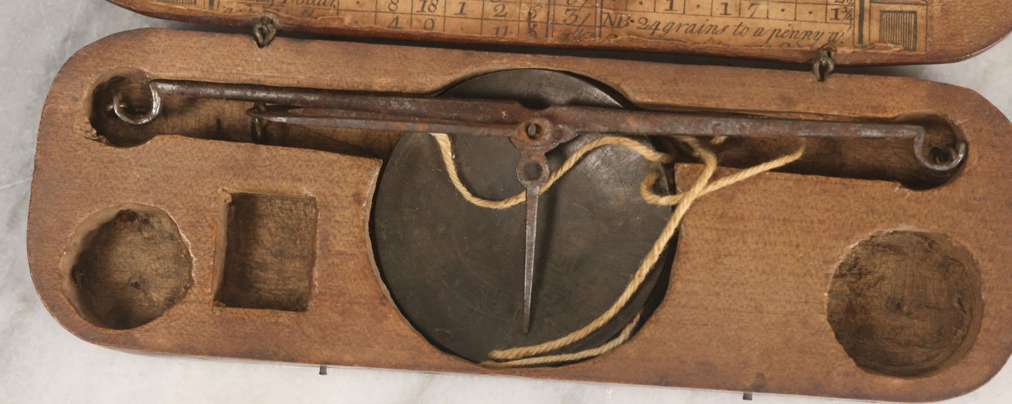 Lot 031 - Antique Gold And Silver Travel Balancing Hand Scale In Original Hand Carved Wooden Box With Paper Label Insert, Weight Tables, Missing Weights