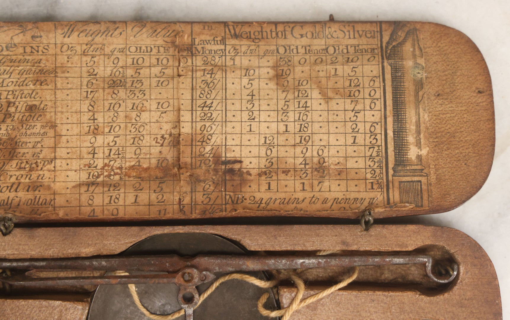 Lot 031 - Antique Gold And Silver Travel Balancing Hand Scale In Original Hand Carved Wooden Box With Paper Label Insert, Weight Tables, Missing Weights