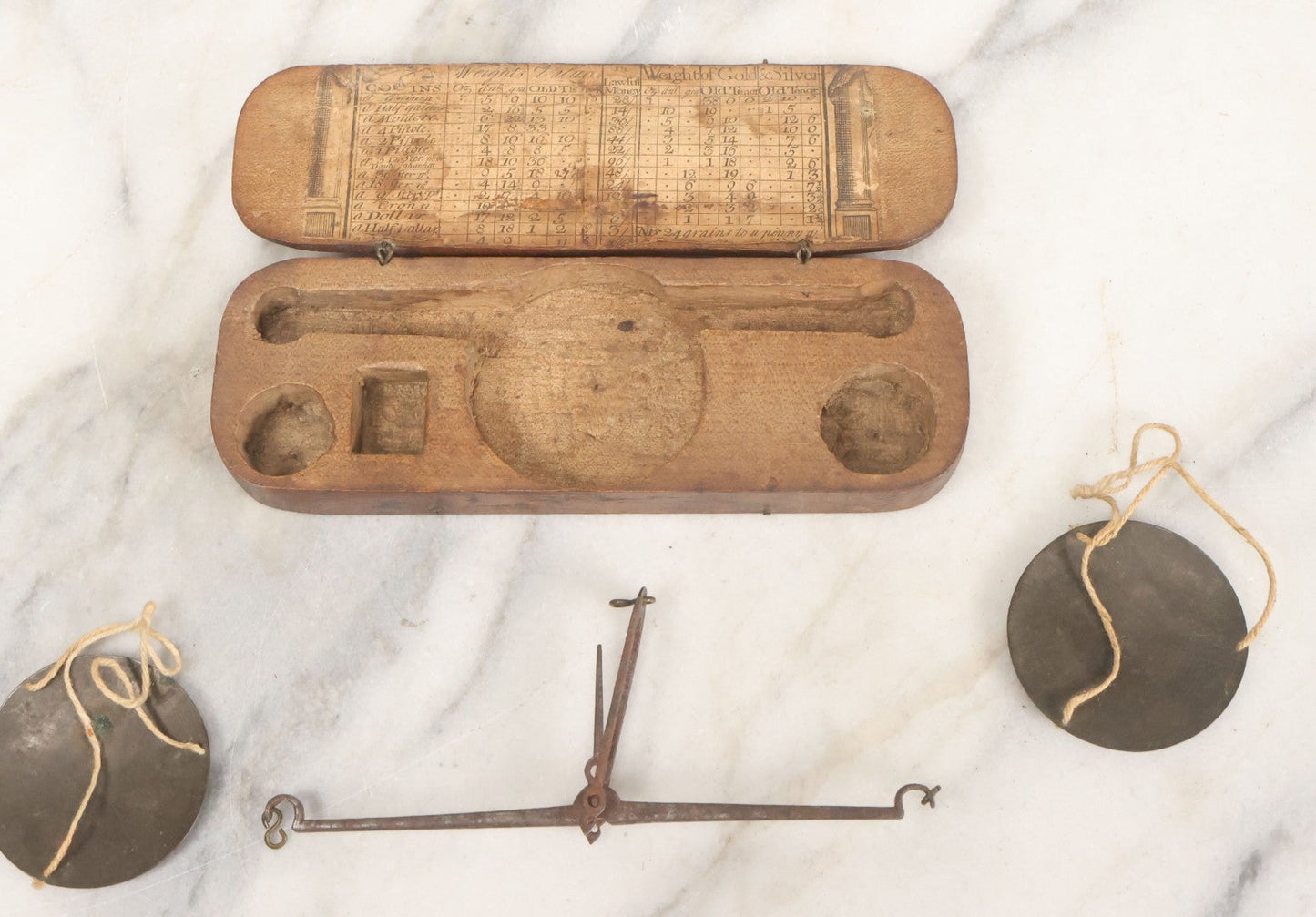 Lot 031 - Antique Gold And Silver Travel Balancing Hand Scale In Original Hand Carved Wooden Box With Paper Label Insert, Weight Tables, Missing Weights
