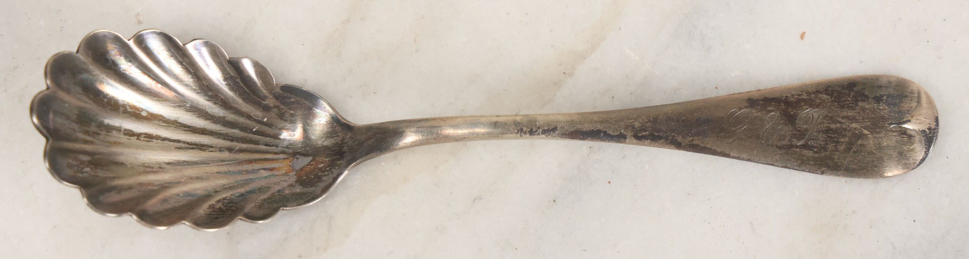 Lot 032 - Antique Sterling Silver Presentation Spoon In Original Case With Scalloped Design, Marked C.W. Wilcox, Sterling, With "G. & T." Monogram, Green Velvet Box From E.E. Cheney, Nashua, New Hampshire