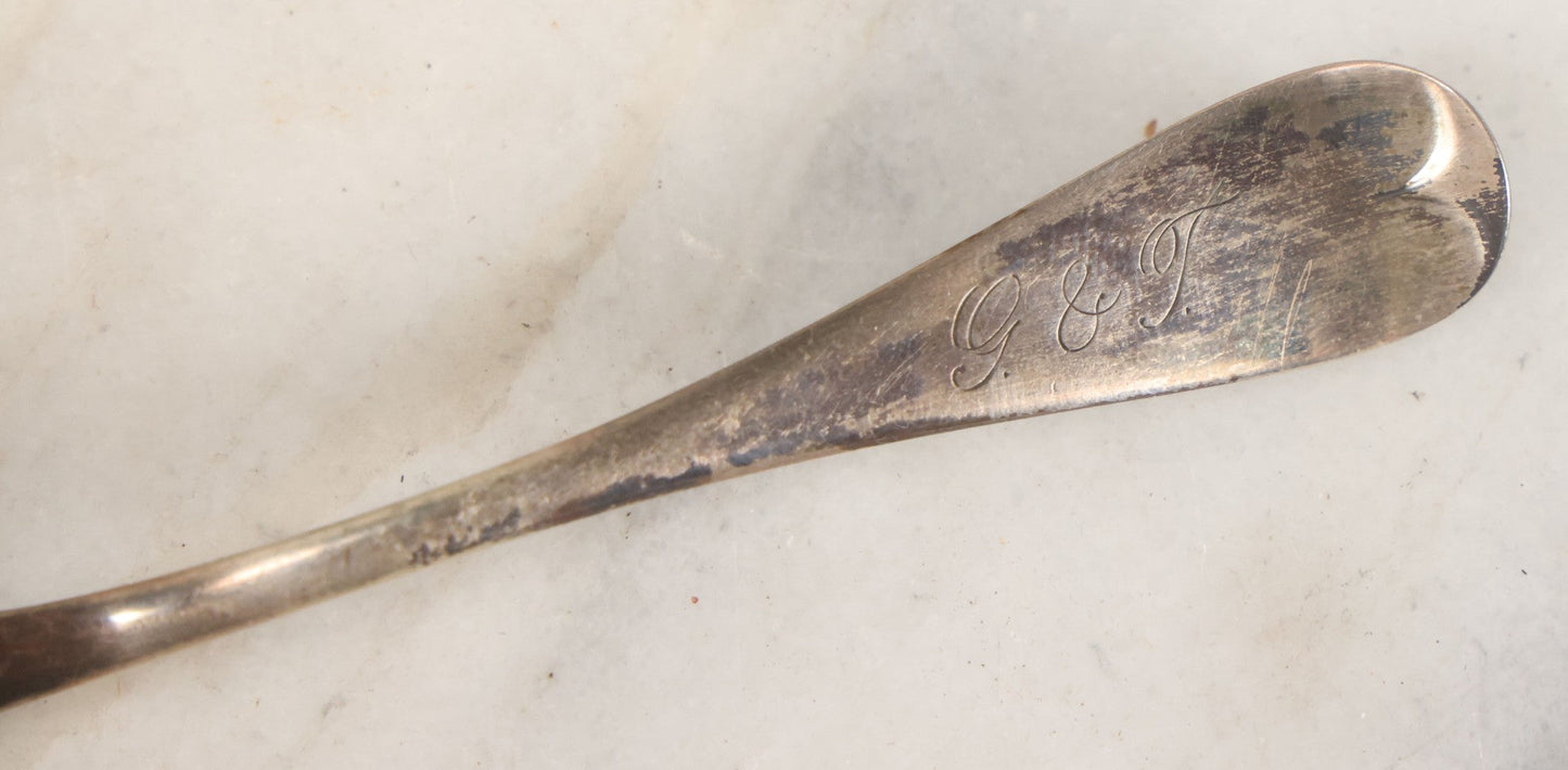 Lot 032 - Antique Sterling Silver Presentation Spoon In Original Case With Scalloped Design, Marked C.W. Wilcox, Sterling, With "G. & T." Monogram, Green Velvet Box From E.E. Cheney, Nashua, New Hampshire