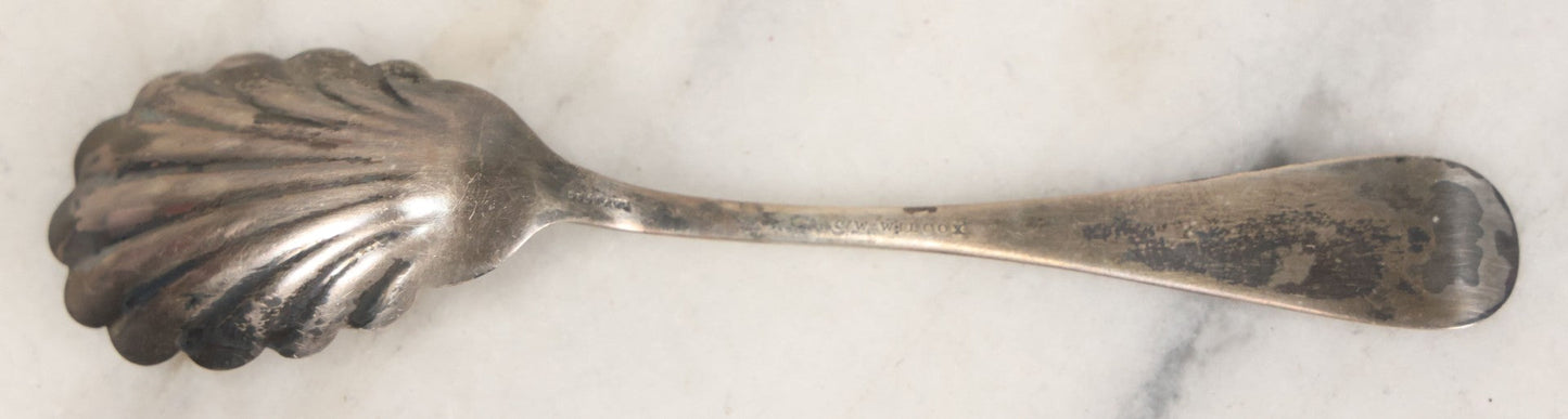 Lot 032 - Antique Sterling Silver Presentation Spoon In Original Case With Scalloped Design, Marked C.W. Wilcox, Sterling, With "G. & T." Monogram, Green Velvet Box From E.E. Cheney, Nashua, New Hampshire