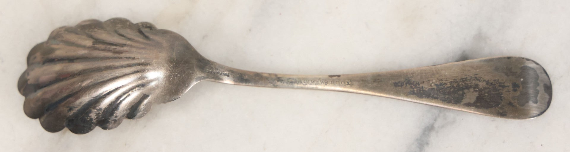 Lot 032 - Antique Sterling Silver Presentation Spoon In Original Case With Scalloped Design, Marked C.W. Wilcox, Sterling, With "G. & T." Monogram, Green Velvet Box From E.E. Cheney, Nashua, New Hampshire