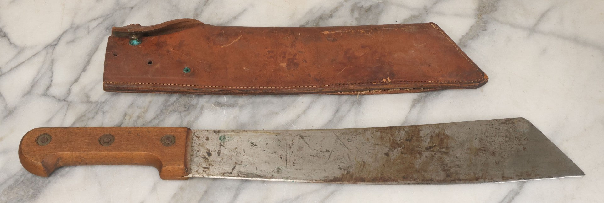 Lot 033 - Vintage World War 2 Era Machete In Custom Leather Sheath, Wood Handle, As Found With Period Military Uniforms, Blade 14-1/4" Length