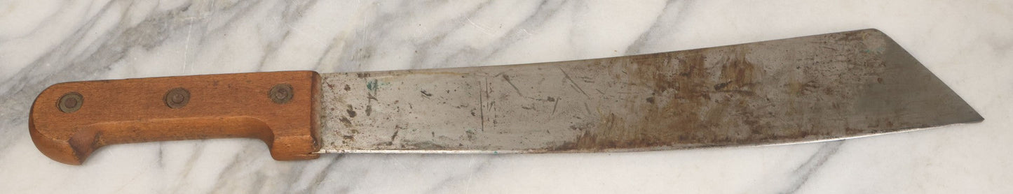 Lot 033 - Vintage World War 2 Era Machete In Custom Leather Sheath, Wood Handle, As Found With Period Military Uniforms, Blade 14-1/4" Length