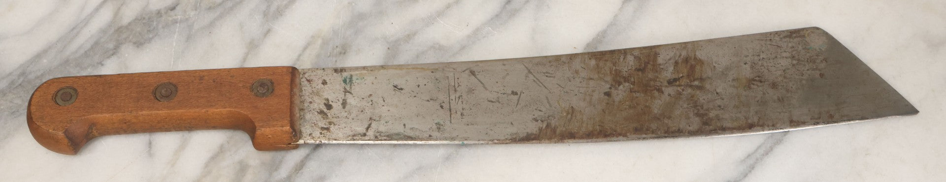 Lot 033 - Vintage World War 2 Era Machete In Custom Leather Sheath, Wood Handle, As Found With Period Military Uniforms, Blade 14-1/4" Length