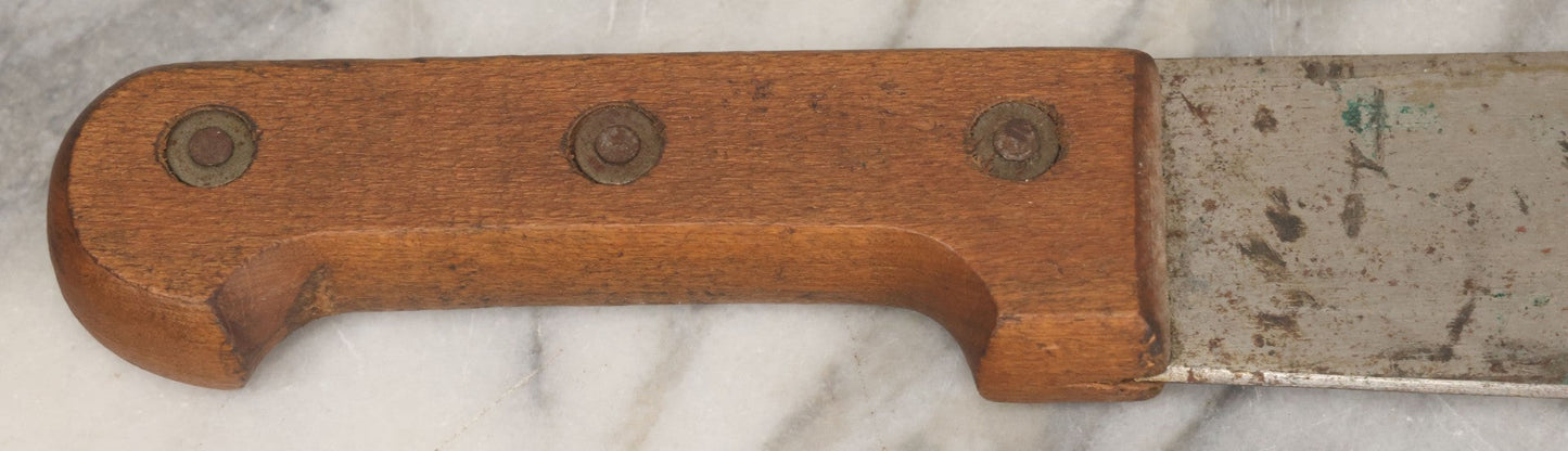 Lot 033 - Vintage World War 2 Era Machete In Custom Leather Sheath, Wood Handle, As Found With Period Military Uniforms, Blade 14-1/4" Length