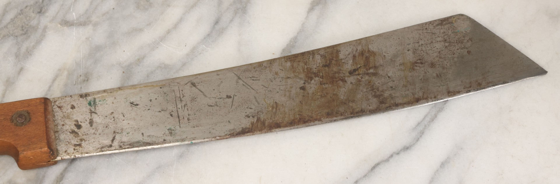 Lot 033 - Vintage World War 2 Era Machete In Custom Leather Sheath, Wood Handle, As Found With Period Military Uniforms, Blade 14-1/4" Length