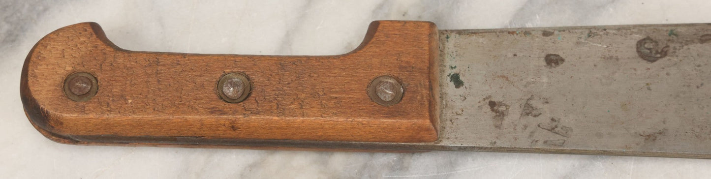 Lot 033 - Vintage World War 2 Era Machete In Custom Leather Sheath, Wood Handle, As Found With Period Military Uniforms, Blade 14-1/4" Length