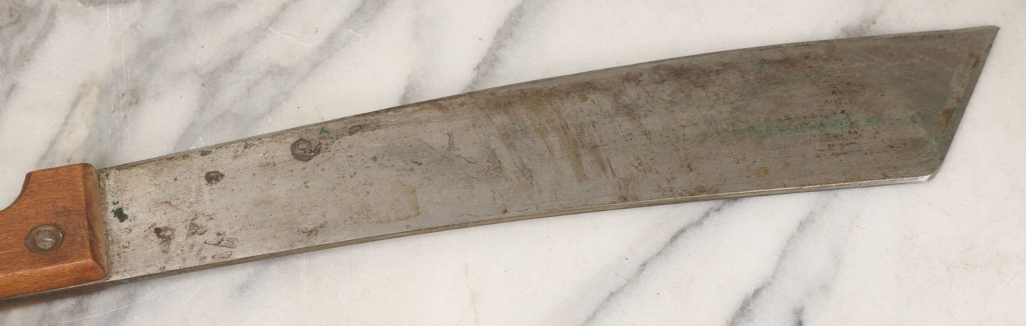 Lot 033 - Vintage World War 2 Era Machete In Custom Leather Sheath, Wood Handle, As Found With Period Military Uniforms, Blade 14-1/4" Length