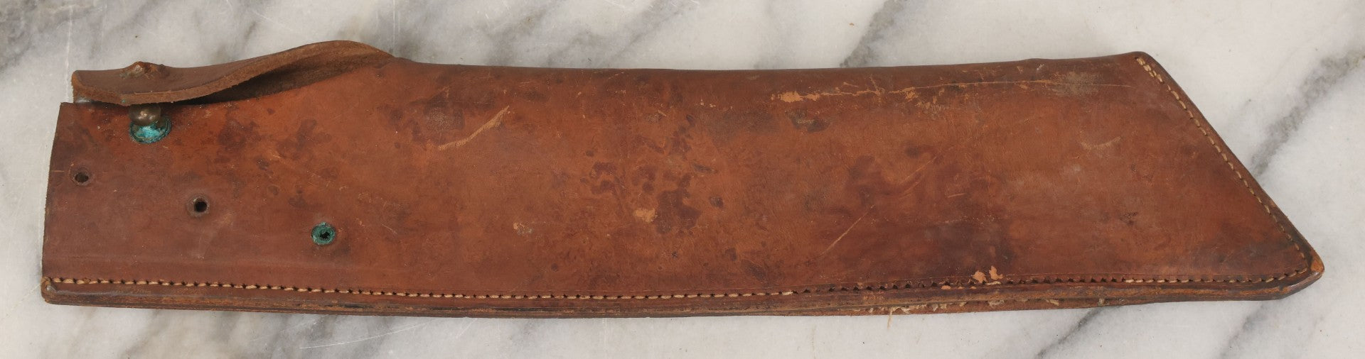 Lot 033 - Vintage World War 2 Era Machete In Custom Leather Sheath, Wood Handle, As Found With Period Military Uniforms, Blade 14-1/4" Length