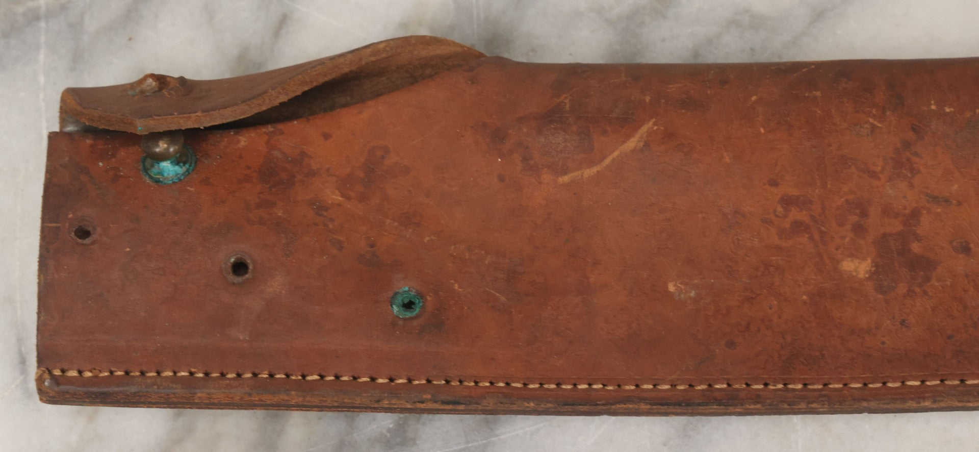 Lot 033 - Vintage World War 2 Era Machete In Custom Leather Sheath, Wood Handle, As Found With Period Military Uniforms, Blade 14-1/4" Length